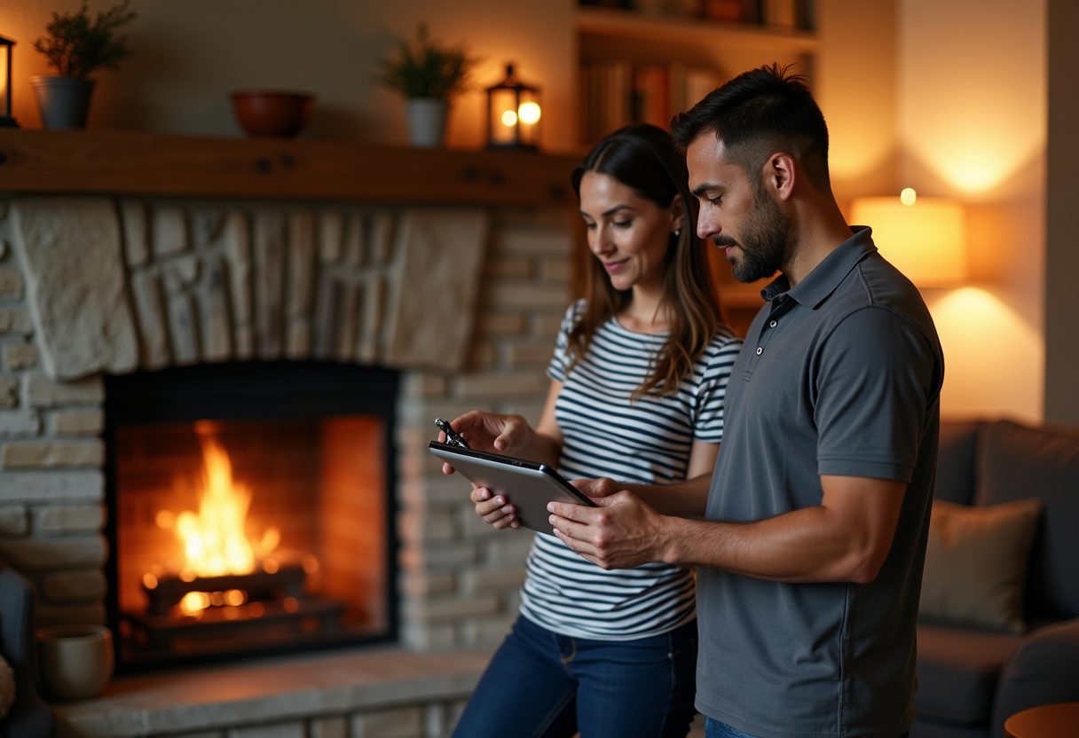Technician showing a camera inspection beside a stone fireplace — Woodbridge